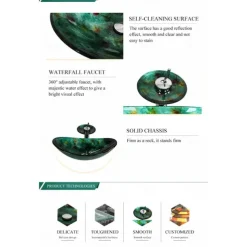 Art Tempered Glass Wash Basin with Chrome Faucet Finish,Rectangular Sink Shape Bathroom Faucet