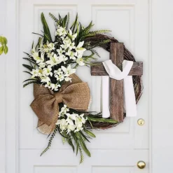 Artificial Easter Wreath, Easter Decoration, Cross Wreath, Decoration for Hanging Door Wreath, Cross Easter Wreath for Hanging as Spring Decoration