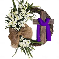 Artificial Easter Wreath, Easter Decoration, Cross Wreath, Decoration for Hanging Door Wreath, Cross Easter Wreath for Hanging as Spring Decoration