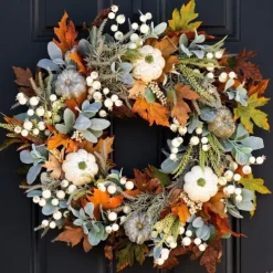Artificial Fall Wreaths for Front Door Rustic Autumn Wreath with Pumpkin,Rose,Berry Branchesm,Mixed Leaves Thanksgiving Wreath Fall Door Wreath