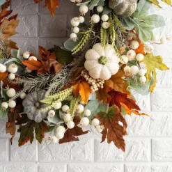 Artificial Fall Wreaths for Front Door Rustic Autumn Wreath with Pumpkin,Rose,Berry Branchesm,Mixed Leaves Thanksgiving Wreath Fall Door Wreath