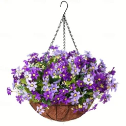 Artificial Hanging Flowers in Basket - Outdoor/Indoor Patio Lawn Garden Decor, Daisy Basket with 12-Inch Coconut Lining Chain Flowerpot