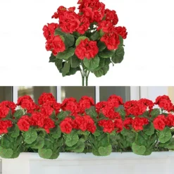 Artificial Red Geranium Silk Flowers Outdoor Plant Bush 2 Bundles Faux Flowers Geraniums for Outdoors Floral Home Decor Indoor Garden Patio Vase Grave Cemetary Table Centerpieces Decor