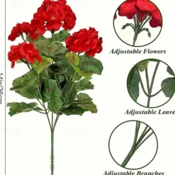 Artificial Red Geranium Silk Flowers Outdoor Plant Bush 2 Bundles Faux Flowers Geraniums for Outdoors Floral Home Decor Indoor Garden Patio Vase Grave Cemetary Table Centerpieces Decor