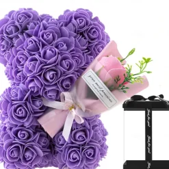 Artificial Rose Bear Flower Arrangement Mother's Day Gift- Foam Roses with Container for Mother's Day, Anniversary, Wedding, Birthday