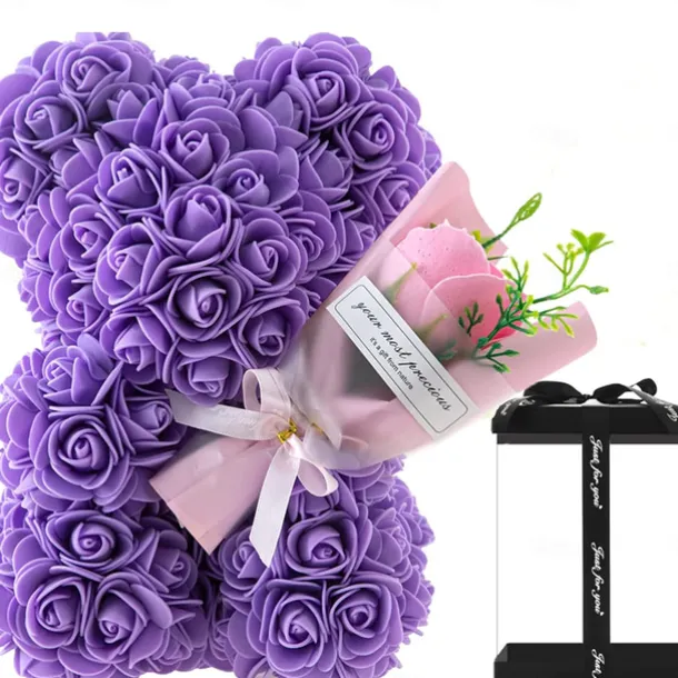 Artificial Rose Bear Flower Arrangement Mother's Day Gift- Foam Roses with Container for Mother's Day, Anniversary, Wedding, Birthday