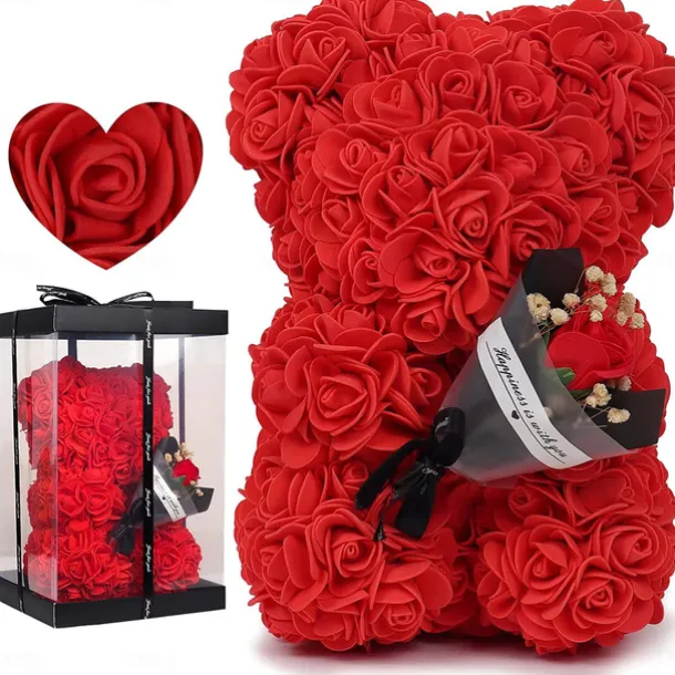 Artificial Rose Bear Flower Arrangement Mother's Day Gift- Foam Roses with Container for Mother's Day, Anniversary, Wedding, Birthday