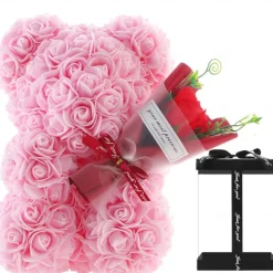Artificial Rose Bear Flower Arrangement Mother's Day Gift- Foam Roses with Container for Mother's Day, Anniversary, Wedding, Birthday