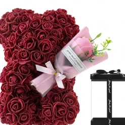 Artificial Rose Bear Flower Arrangement Mother's Day Gift- Foam Roses with Container for Mother's Day, Anniversary, Wedding, Birthday