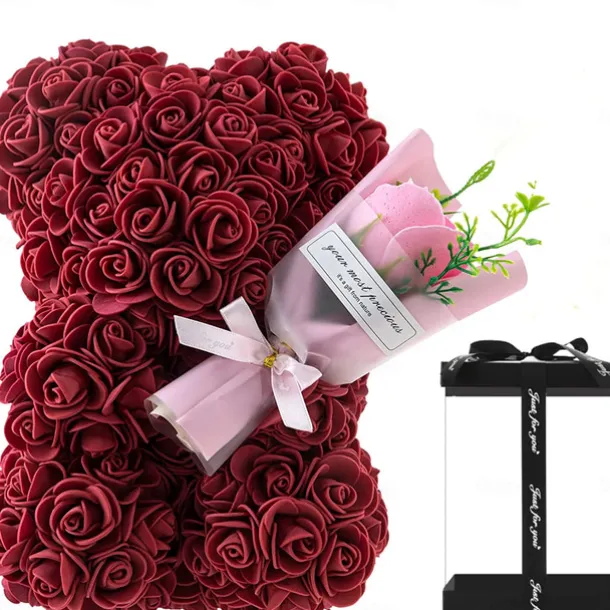 Artificial Rose Bear Flower Arrangement Mother's Day Gift- Foam Roses with Container for Mother's Day, Anniversary, Wedding, Birthday