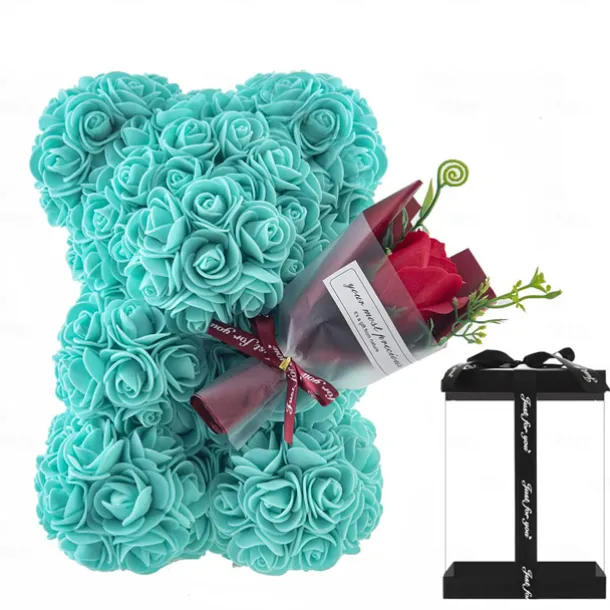 Artificial Rose Bear Flower Arrangement Mother's Day Gift- Foam Roses with Container for Mother's Day, Anniversary, Wedding, Birthday