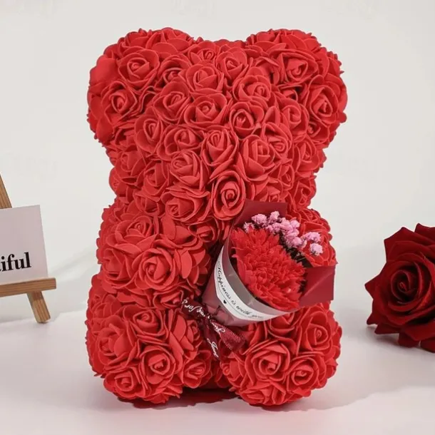 Artificial Rose Bear Flower Arrangement Mother's Day Gift- Foam Roses with Container for Mother's Day, Anniversary, Wedding, Birthday