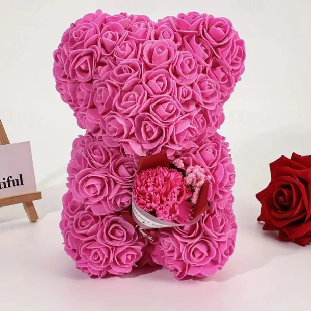 Artificial Rose Bear Flower Arrangement Mother's Day Gift- Foam Roses with Container for Mother's Day, Anniversary, Wedding, Birthday