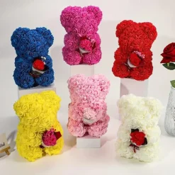 Artificial Rose Bear Flower Arrangement Mother's Day Gift- Foam Roses with Container for Mother's Day, Anniversary, Wedding, Birthday