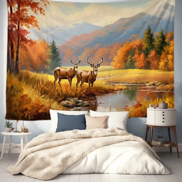 Autumn Deer Forest Hanging Tapestry Wall Art Large Tapestry Mural Decor Photograph Backdrop Blanket Curtain Home Bedroom Living Room Decoration