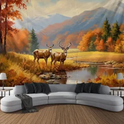Autumn Deer Forest Hanging Tapestry Wall Art Large Tapestry Mural Decor Photograph Backdrop Blanket Curtain Home Bedroom Living Room Decoration