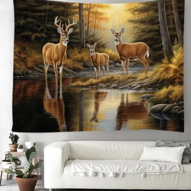 Autumn Deer Forest Hanging Tapestry Wall Art Large Tapestry Mural Decor Photograph Backdrop Blanket Curtain Home Bedroom Living Room Decoration