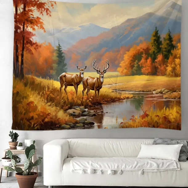 Autumn Deer Forest Hanging Tapestry Wall Art Large Tapestry Mural Decor Photograph Backdrop Blanket Curtain Home Bedroom Living Room Decoration