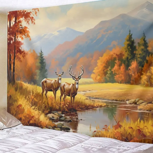 Autumn Deer Forest Hanging Tapestry Wall Art Large Tapestry Mural Decor Photograph Backdrop Blanket Curtain Home Bedroom Living Room Decoration