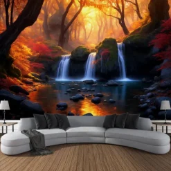 Autumn Forest Cascade Hanging Tapestry Wall Art Large Tapestry Mural Decor Photograph Backdrop Blanket Curtain Home Bedroom Living Room Decoration