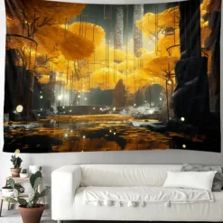 Autumn Forest Hanging Tapestry Trippy Wall Art Large Tapestry Mural Decor Photograph Backdrop Blanket Curtain Home Bedroom Living Room Decoration