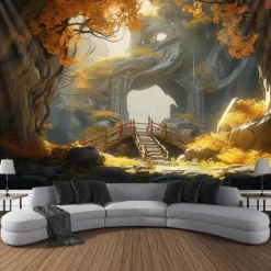 Autumn Forest Hanging Tapestry Trippy Wall Art Large Tapestry Mural Decor Photograph Backdrop Blanket Curtain Home Bedroom Living Room Decoration
