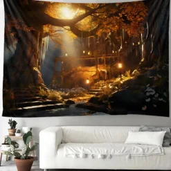 Autumn Forest Hanging Tapestry Trippy Wall Art Large Tapestry Mural Decor Photograph Backdrop Blanket Curtain Home Bedroom Living Room Decoration