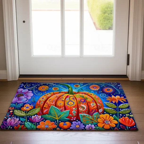 Autumn Pumpkin Folk Art Doormat Kitchen Mat Floor Mat Non-Slip Area Rug Oil Proof Rug Indoor Outdoor Mat Bedroom Decor Bathroom Mat Entrance Rug