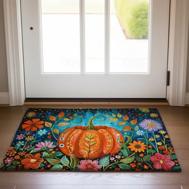 Autumn Pumpkin Folk Art Doormat Kitchen Mat Floor Mat Non-Slip Area Rug Oil Proof Rug Indoor Outdoor Mat Bedroom Decor Bathroom Mat Entrance Rug