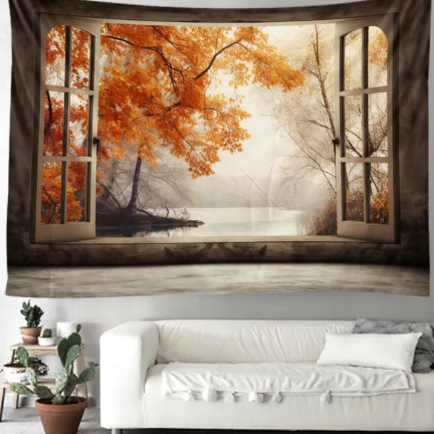 Autumn Tapestry Hanging Autumn Maple Mist Forest Tapestry Window Elk Maple Leaf Natural Scenery Tapestry Living Room Bedroom Farm Holiday Party Decoration