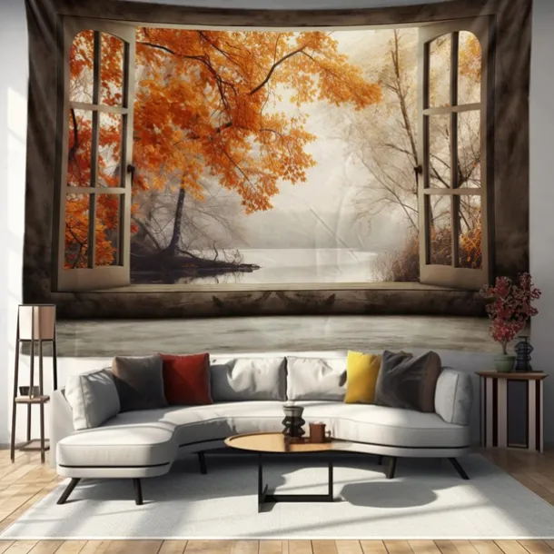Autumn Tapestry Hanging Autumn Maple Mist Forest Tapestry Window Elk Maple Leaf Natural Scenery Tapestry Living Room Bedroom Farm Holiday Party Decoration