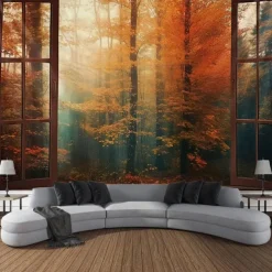 Autumn Tapestry Hanging Autumn Maple Mist Forest Tapestry Window Elk Maple Leaf Natural Scenery Tapestry Living Room Bedroom Farm Holiday Party Decoration