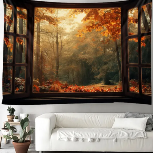 Autumn Tapestry Hanging Autumn Maple Mist Forest Tapestry Window Elk Maple Leaf Natural Scenery Tapestry Living Room Bedroom Farm Holiday Party Decoration