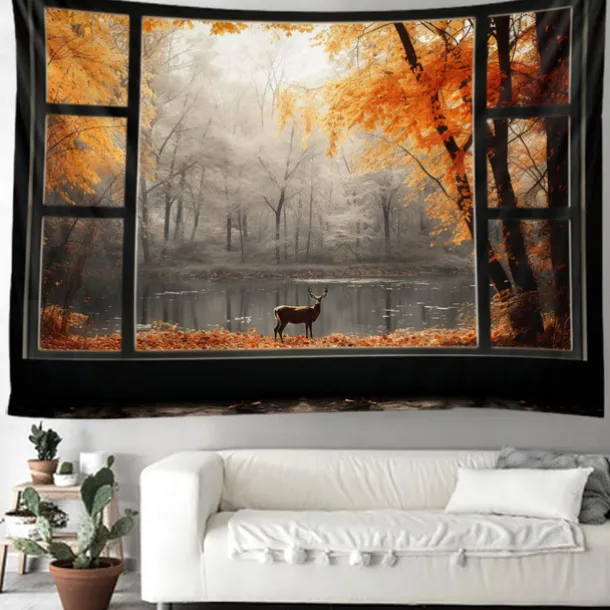 Autumn Tapestry Hanging Autumn Maple Mist Forest Tapestry Window Elk Maple Leaf Natural Scenery Tapestry Living Room Bedroom Farm Holiday Party Decoration