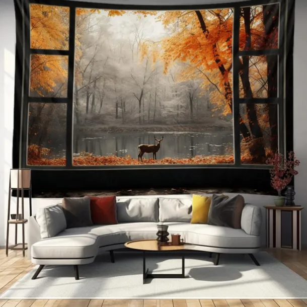 Autumn Tapestry Hanging Autumn Maple Mist Forest Tapestry Window Elk Maple Leaf Natural Scenery Tapestry Living Room Bedroom Farm Holiday Party Decoration