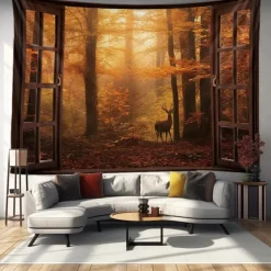 Autumn Tapestry Hanging Autumn Maple Mist Forest Tapestry Window Elk Maple Leaf Natural Scenery Tapestry Living Room Bedroom Farm Holiday Party Decoration
