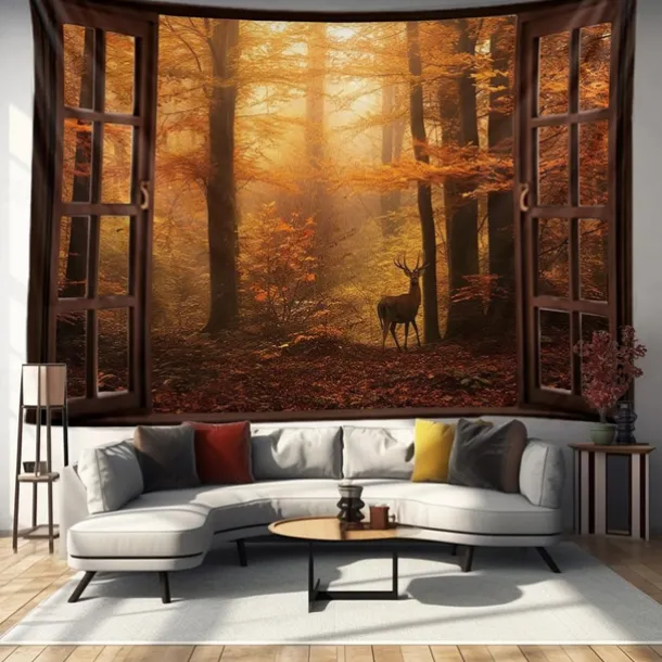 Autumn Tapestry Hanging Autumn Maple Mist Forest Tapestry Window Elk Maple Leaf Natural Scenery Tapestry Living Room Bedroom Farm Holiday Party Decoration