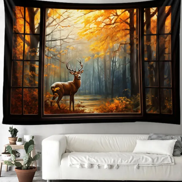 Autumn Tapestry Hanging Autumn Maple Mist Forest Tapestry Window Elk Maple Leaf Natural Scenery Tapestry Living Room Bedroom Farm Holiday Party Decoration