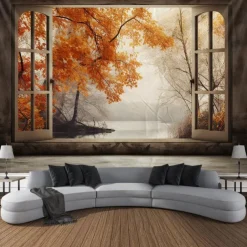 Autumn Tapestry Hanging Autumn Maple Mist Forest Tapestry Window Elk Maple Leaf Natural Scenery Tapestry Living Room Bedroom Farm Holiday Party Decoration