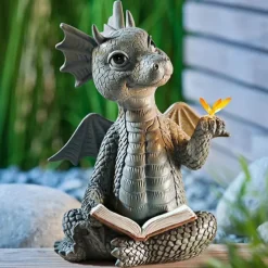 Baby Dragon Reading Book Statue Dragon Sculpture Garden Statue Sculptures for Outdoor Garden Backyard Porch Decoration
