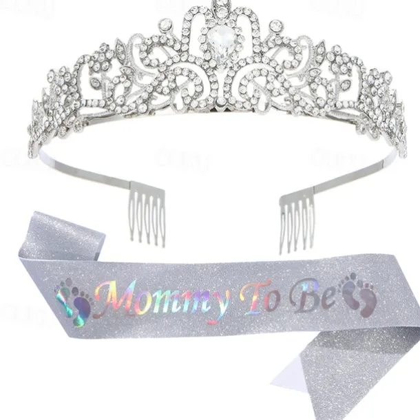 Baby Shower Decoration Sash and Headband Kit, Sage Green Mommy to Be Crystal Crown Headband and Etiquette Sash Set, Glitter Ribbon Belt for Maternity Gift and Party Decorations