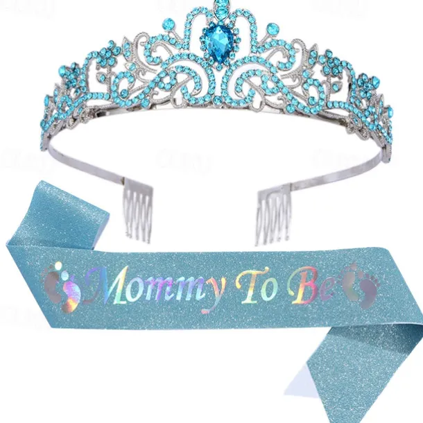 Baby Shower Decoration Sash and Headband Kit, Sage Green Mommy to Be Crystal Crown Headband and Etiquette Sash Set, Glitter Ribbon Belt for Maternity Gift and Party Decorations