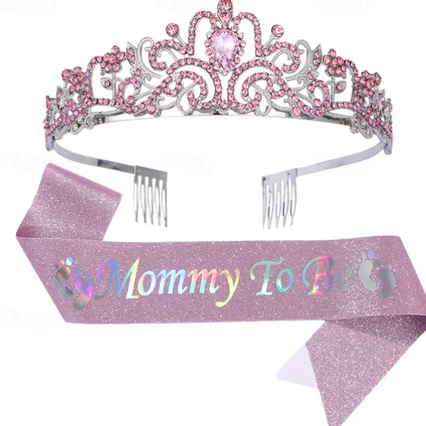 Baby Shower Decoration Sash and Headband Kit, Sage Green Mommy to Be Crystal Crown Headband and Etiquette Sash Set, Glitter Ribbon Belt for Maternity Gift and Party Decorations