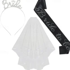 Bachelorette Party 3-Pc Set Bride to Be Tiara Headband, Wedding Veil with Shoulder Strap, Bridal Party Accessories for Bachelorette Party