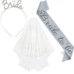 Bachelorette Party 3-Pc Set Bride to Be Tiara Headband, Wedding Veil with Shoulder Strap, Bridal Party Accessories for Bachelorette Party