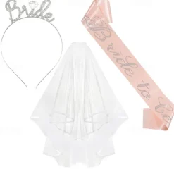 Bachelorette Party 3-Pc Set Bride to Be Tiara Headband, Wedding Veil with Shoulder Strap, Bridal Party Accessories for Bachelorette Party