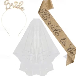 Bachelorette Party 3-Pc Set Bride to Be Tiara Headband, Wedding Veil with Shoulder Strap, Bridal Party Accessories for Bachelorette Party