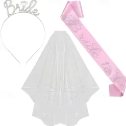 Bachelorette Party 3-Pc Set Bride to Be Tiara Headband, Wedding Veil with Shoulder Strap, Bridal Party Accessories for Bachelorette Party