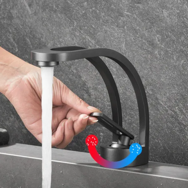 Basin Sink Mixer Taps, Deck Mounted Bathroom Sink Faucet, Brass Sinlge Handle with Hot and Cold Hose, One Hole Vessel Water Tap Chrome Black White Grey