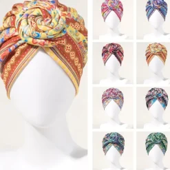 Bath Cap Twisted Retro Print Stretchy Hide Hair Breathable Bohemia Pre-Tied Bonnet Beanie Hat Women's